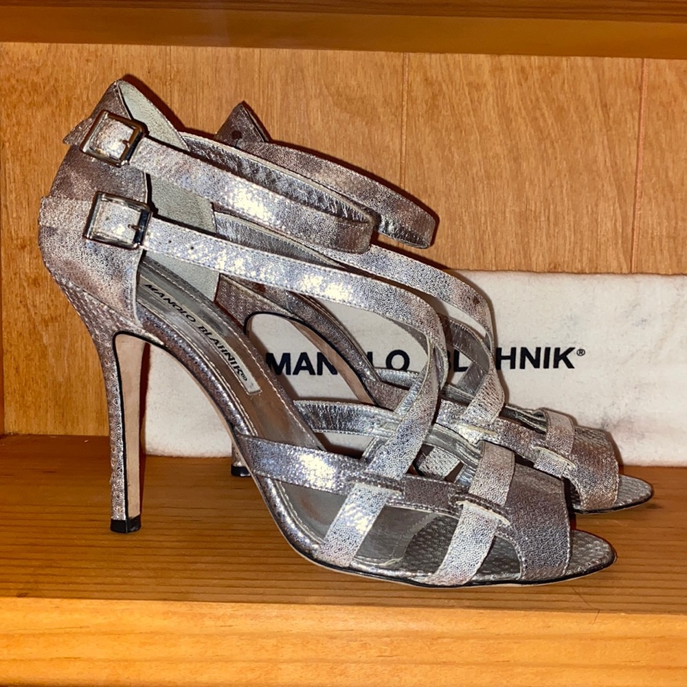 Manolo Blahnik Silver Snake Skin Leather Leopard Print Strappy Heels